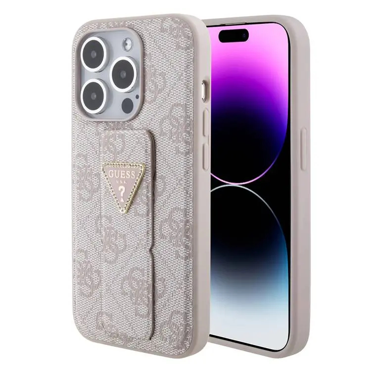 Чехол CG Mobile Guess Grip Stand PU 4G Triangle Diamond Metal Logo для iPhone 15 Pro Max розовый