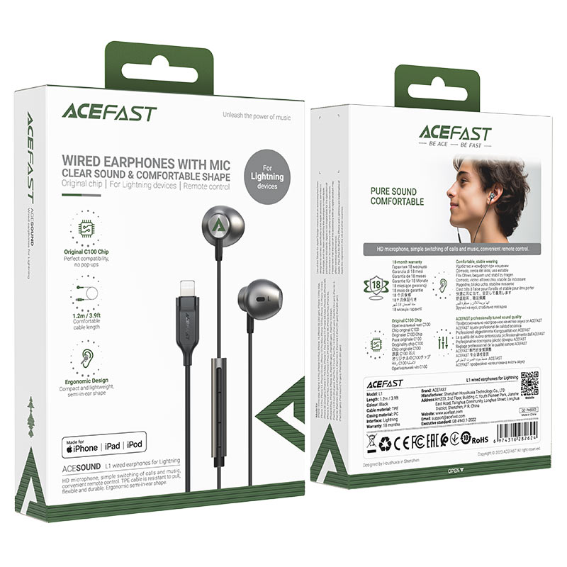 Наушники проводные Acefast L1 Wired Earphones чёрные