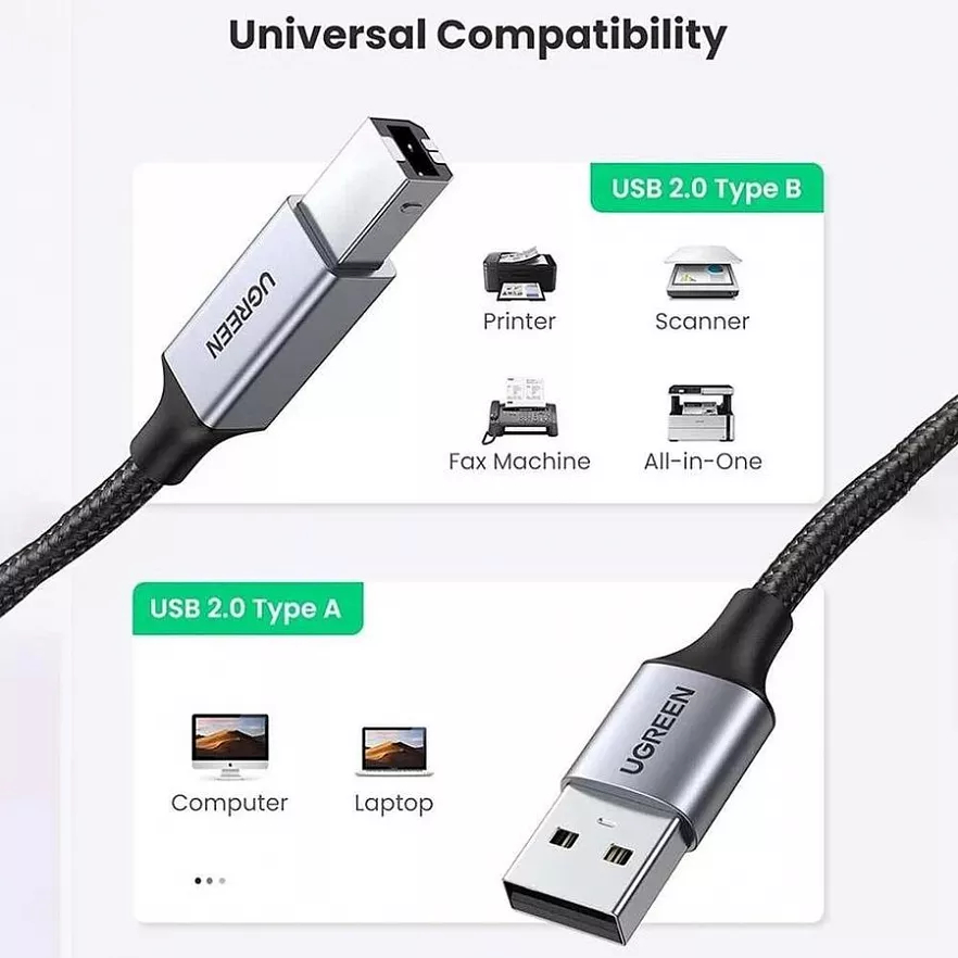 Кабель Ugreen US369 USB-A to USB-B 2.0 (3 метра) чёрный / серый космос (80804)