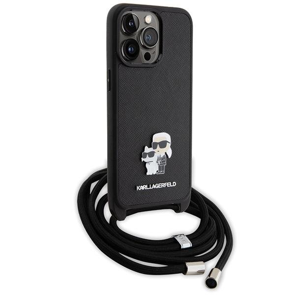 Lagerfeld для iPhone 15 Pro Max чехол Crossbody PU Saffiano NFT Karl & Choupette Metal Hard Black