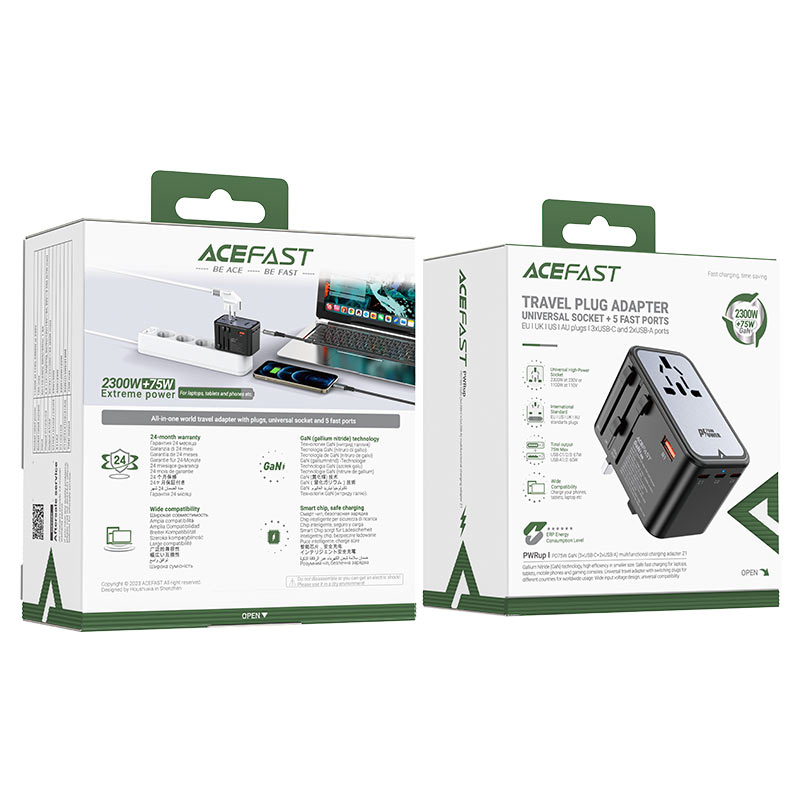 Сетевое зарядное устройство Acefast Z1 PD75W GaN 3 x USB-C + 2 x USB-A Multifunctional Charging Adapter чёрное (AF-Z1-GY)