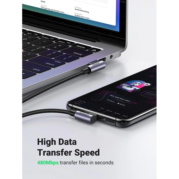 Кабель Ugreen US176 USB-A to USB-C Cable Angled Cable (2 метра) чёрный / серый космос (20857)