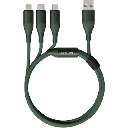 Кабель SOLOVE 3 in 1 USB — Lightning/Micro/Type-C (1,2 метра) нейлон тёмно-зелёный