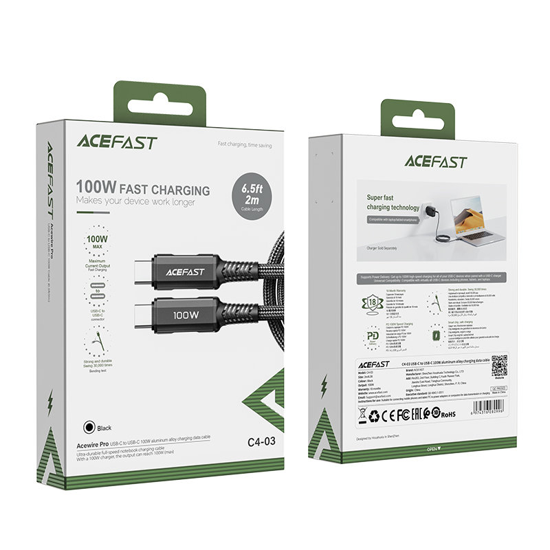 Кабель Acefast C4-03 USB-C to USB-C 100W (2 метра) чёрный (AF-C4-03-BK)