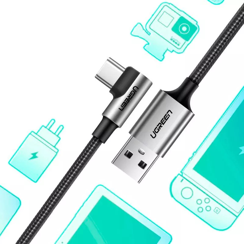 Кабель Ugreen US284 Angled 90° USB-C Male to USB-A 2.0 Male 3A Data Cable (1 метр) чёрный (50941)