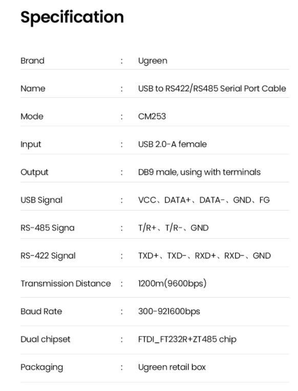 Кабель-адаптер UGREEN CM253 (60562) USB 2.0 to 422/485 Adapter Cable (1.5 метра) чёрный
