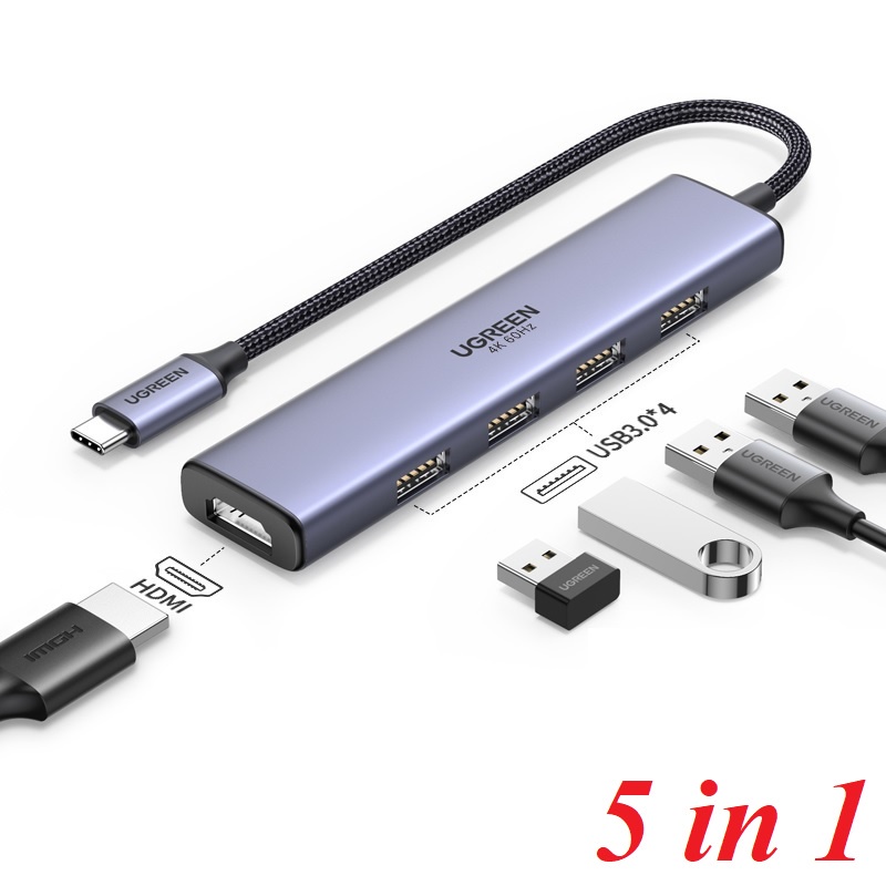 Мульти Хаб Ugreen CM478 (20955) USB-C to HDMI+4xUSB 3.0 A without PD Converter серый