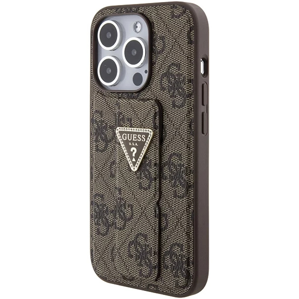 Чехол CG Mobile Guess Grip Stand PU 4G Triangle Diamond Metal Logo для iPhone 15 Pro коричневый