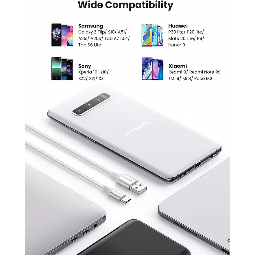 Кабель Ugreen US288 USB-A 2.0 to USB-C Cable Nickel Plating Aluminum Nylon Braid (0,5 метра) серебристый / белый (60130)