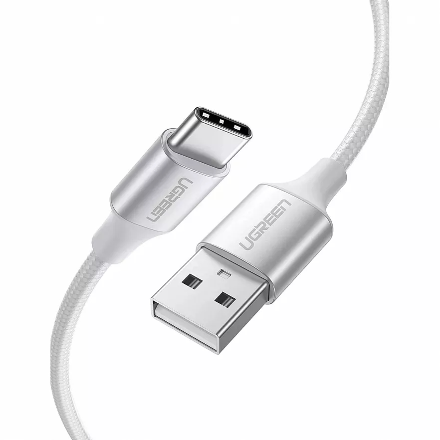 Кабель Ugreen US288 USB-A 2.0 to USB-C Cable Nickel Plating Aluminum Nylon Braid (3 метра) серебристый / белый (60409)