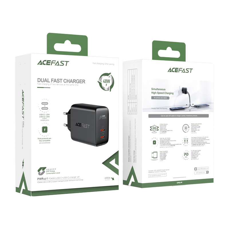 Сетевое зарядное устройство Acefast A9 2 x USB Type-C 40W PD Wall Charger чёрное (AF-A9-BK)