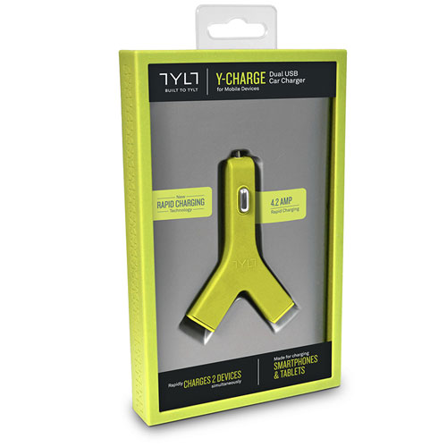 Автомобильное зарядное устройство (автозарядка) Tylt Y-charge 2 USB 4.2 А с ленточным кабелем Tylt Syncable Lightning-USB зелёное