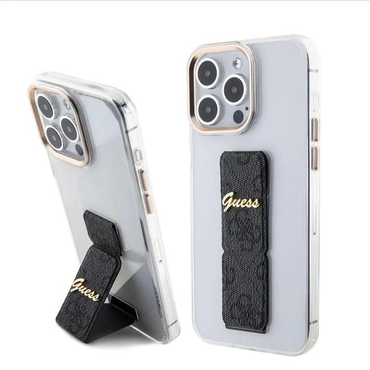 Чехол CG Mobile Guess Grip Stand Clear Case 4G Script Logo для iPhone 15 Pro Max прозрачный / чёрный