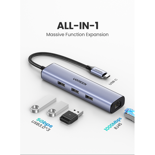 Мульти Хаб UGREEN CM475 (60600) USB-C to 3×USB3.0 Hub+RJ45 Ethernet Adapter без порта питания серый