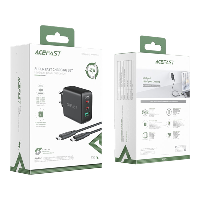 Сетевое зарядное устройство Acefast A13 65W 2 x USB-C + 1 x USB-A с кабелем USB-C чёрное (AF-A13-BK)