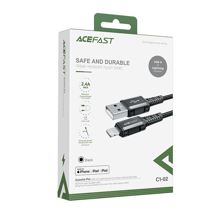 Кабель Acefast C1-02 USB-A to Lightning Charging Data Cable (1,2 метра) чёрный (AF-C1-02-BK)