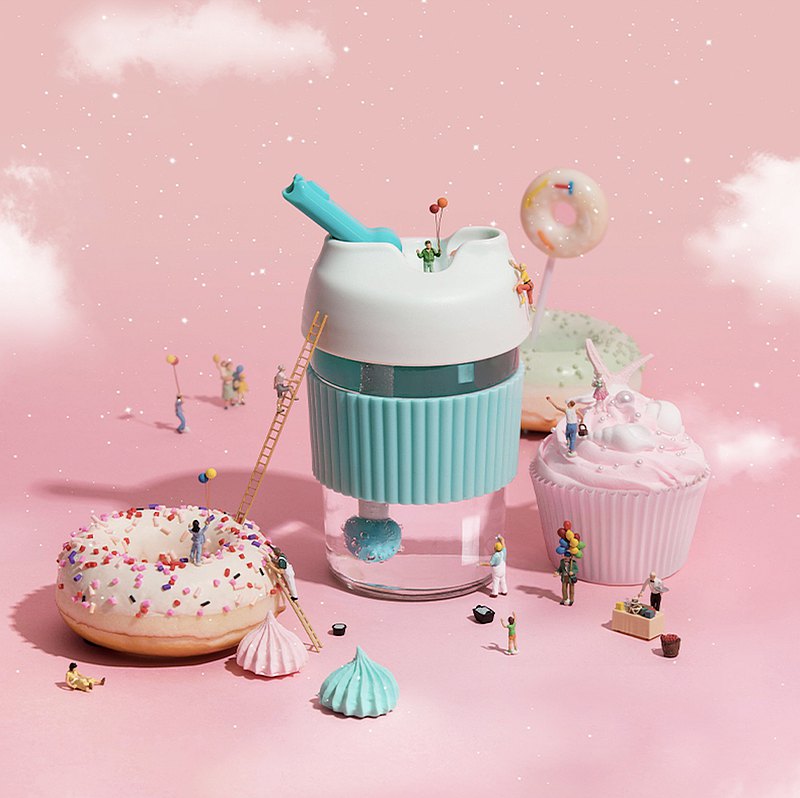 Стакан-непроливайка с трубочкой KissKissFish Rainbow BOBO Cup (голубой, жёлтый)