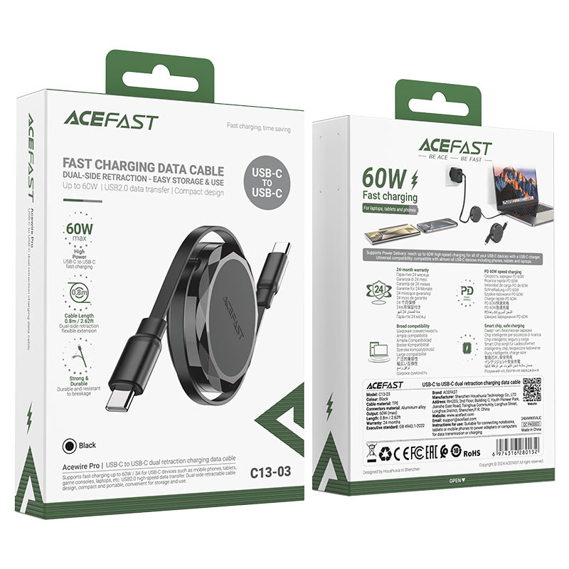Кабель выдвижной Acefast C13-03 USB-C to USB-C 60W Charging Data Cable (0,8 метра) чёрный (AF-C13-03-BK)