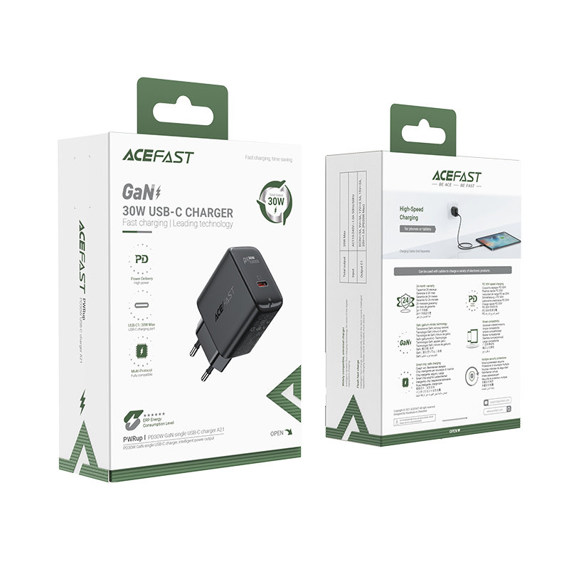 Сетевое зарядное устройство Acefast A21 GaN PD 30W 1 x USB-C чёрное (AF-A21-BK)
