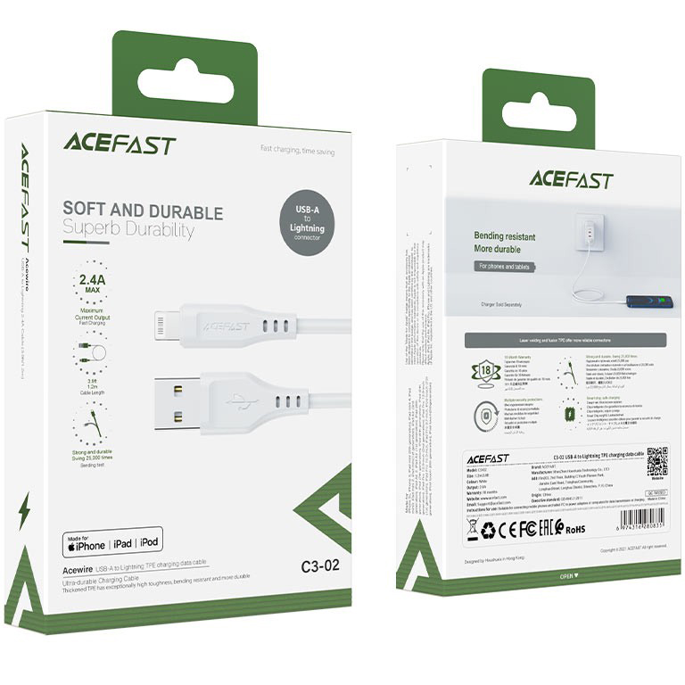 Кабель Acefast C3-02 USB-A to Lightning Charging Data Cable (1,2 метра) белый (AF-C3-02-WH)