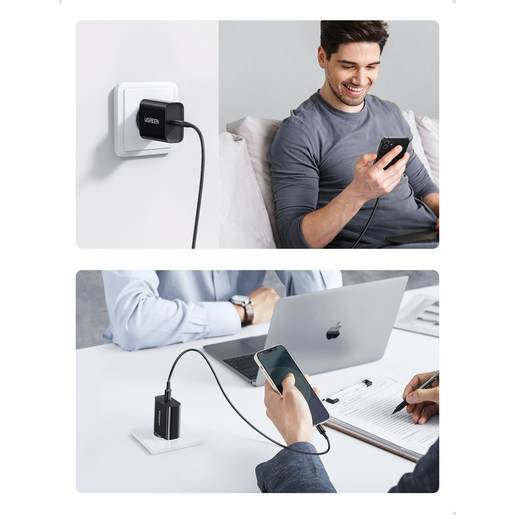 Сетевое зарядное устройство Ugreen CD137 (50799) PD 20W Fast Charger Set  с кабелем USB-C - Lightning чёрное