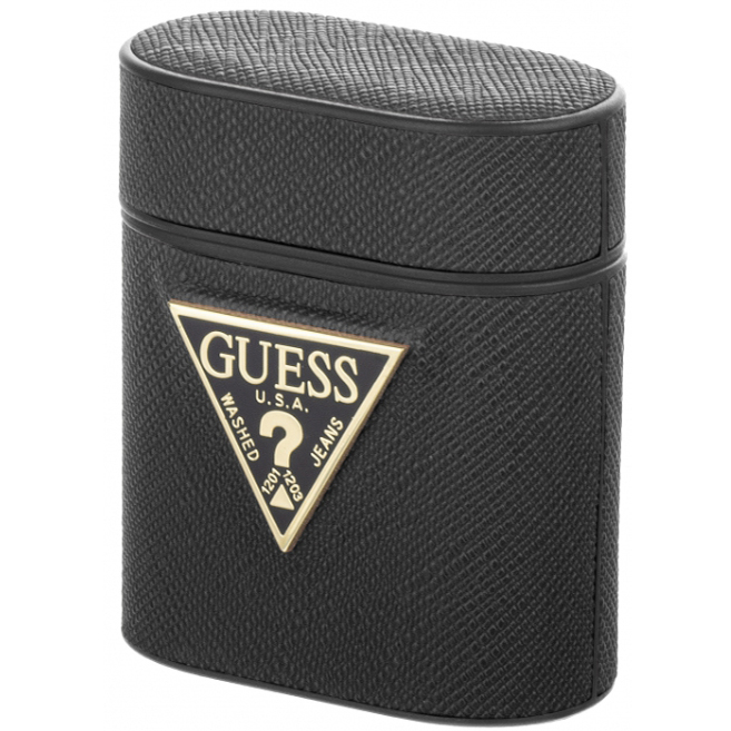 Чехол Guess Saffiano PU Leather Case Metal Logo для AirPods чёрный