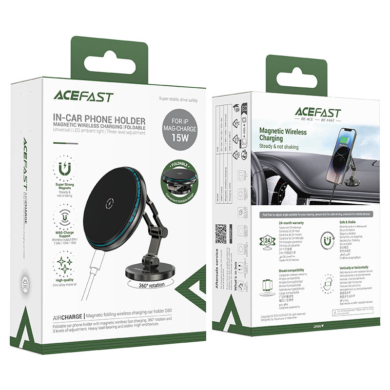 Автодержатель с функцией беспроводной зарядки Acefast D30 Wireless Charger Magnetic Car Holder (AF-D30-BK)