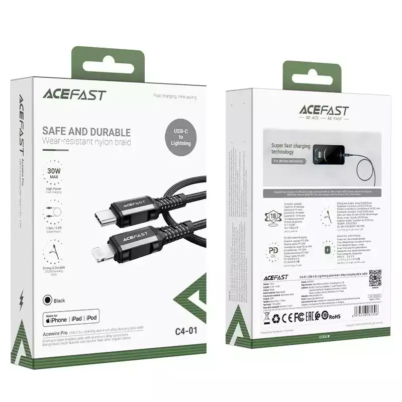 Кабель Acefast C4-01 USB-C to Lightning Charging Data Cable (1,8 метров) чёрный (AF-C4-01-BK)
