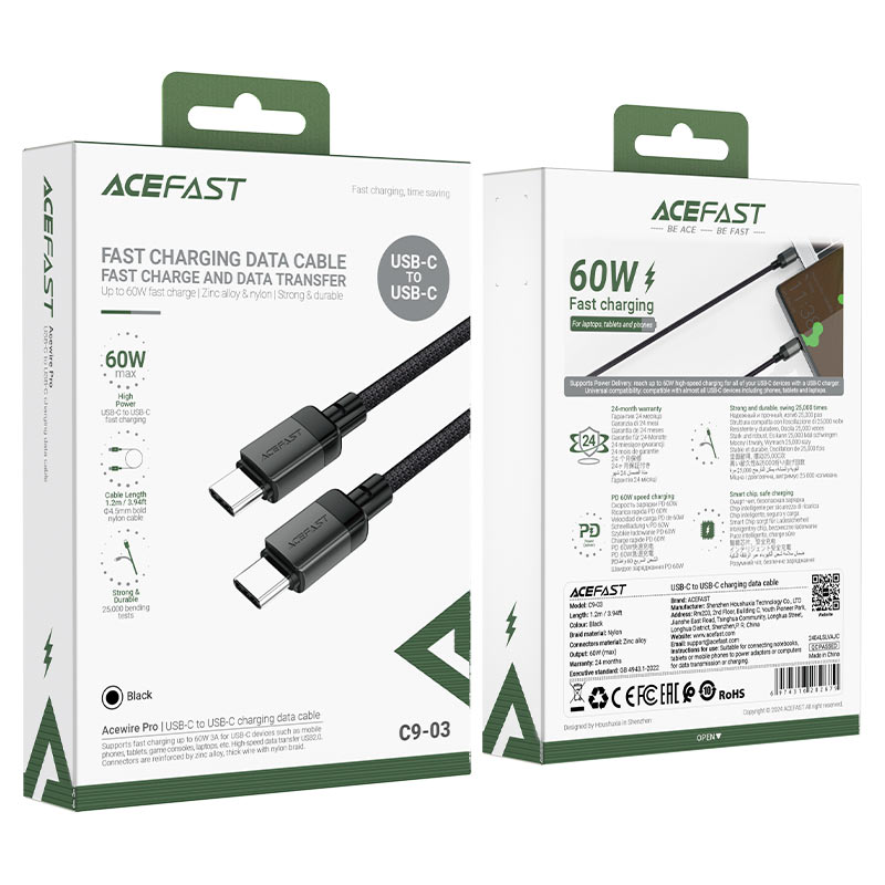 Кабель Acefast C9-03 USB-C to USB-C Charging Cable (1,2 метра) чёрный (AF-C9-03-BK)