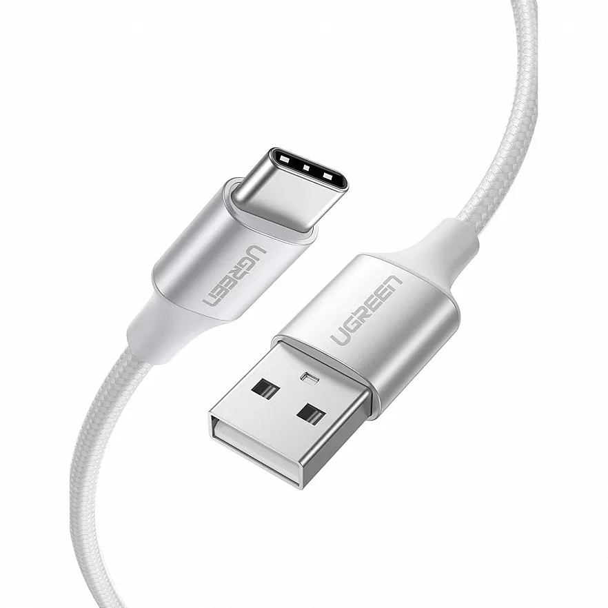 Кабель Ugreen US288 USB-A 2.0 to USB-C Cable Nickel Plating Aluminum Nylon Braid (0,5 метра) серебристый / белый (60130)