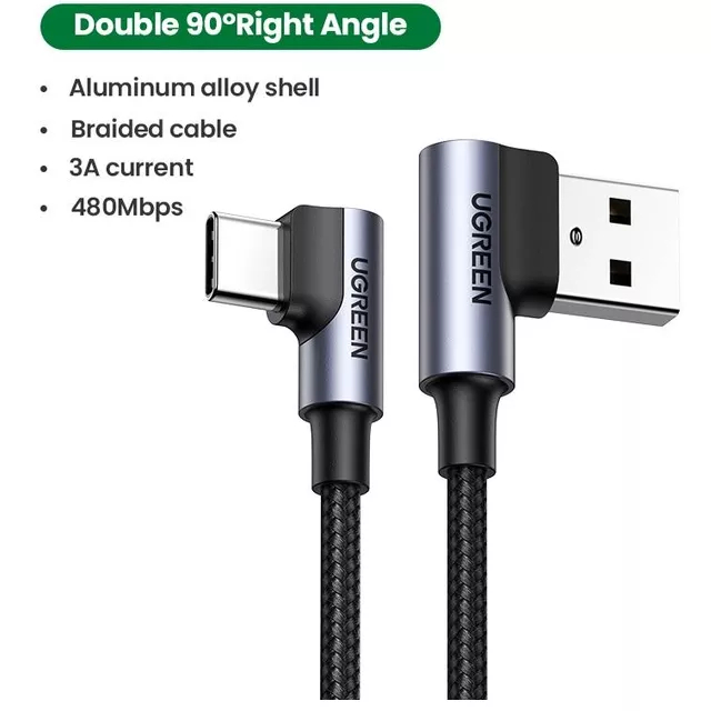 Кабель Ugreen US176 USB-A to USB-C Cable Angled Cable (1 метр) чёрный / серый космос (20856)