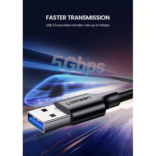 Кабель UGREEN US184 (20884) USB-A 3.0 Male to Type C Male Cable Nickel Plating (2 метра) чёрный
