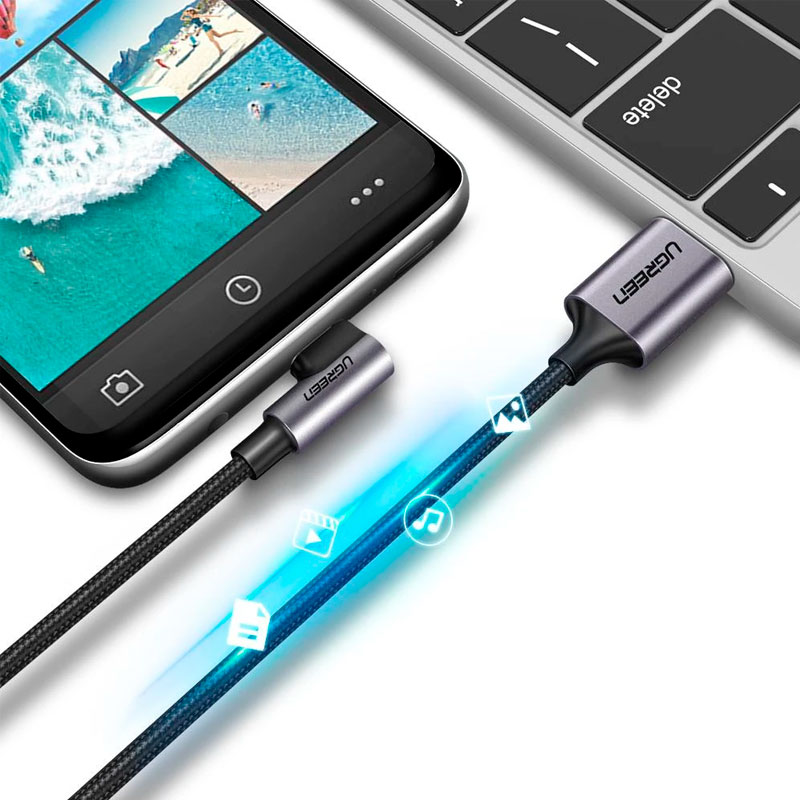 Кабель UGREEN US284 (50942) Angled 90° USB-C Male to USB-A 2.0 Male 3A Data Cable (2 метра) серый космос