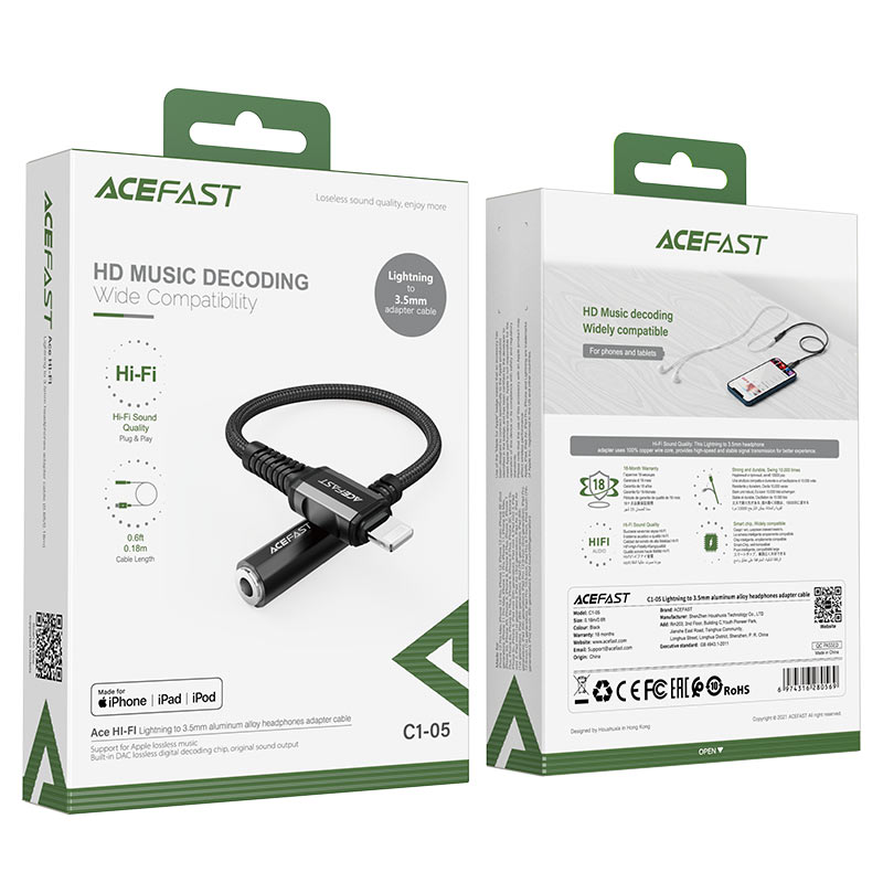 Кабель Acefast C1-05 Lightning to 3.5 mm Cable (18 сантиметров) чёрный (AF-C1-05-BK)