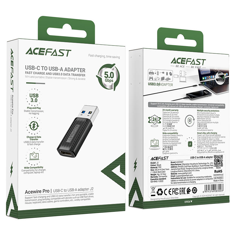 Адаптер Acefast J2 USB-C - USB-A чёрный (AF-J2-BK)