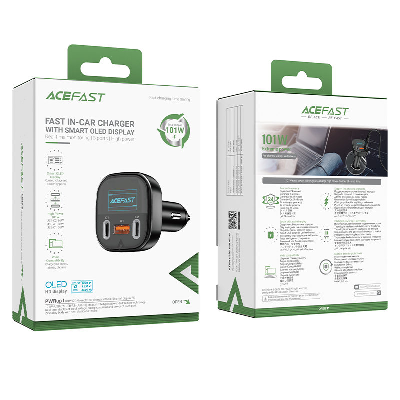 Автомобильное зарядное устройство Acefast B5 101W 2 x USB-C + USB-A Car Charger с OLED дисплеем (AF-B5-BK)