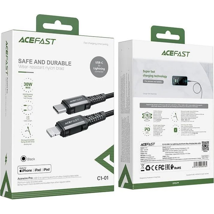 Кабель Acefast C1-01 USB-C to Lightning Charging Data Cable (1,2 метра) чёрный (AF-C1-01-BK)