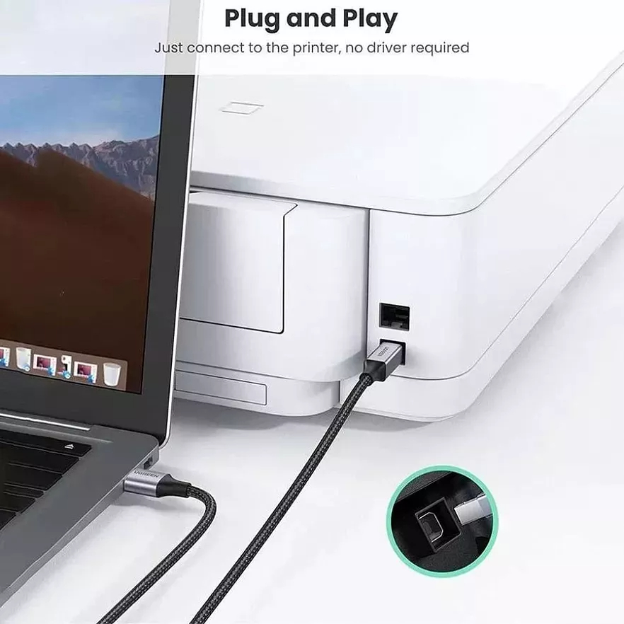 Кабель Ugreen US369 USB-A to USB-B 2.0 (1,5 метра) чёрный / серый космос (80802)