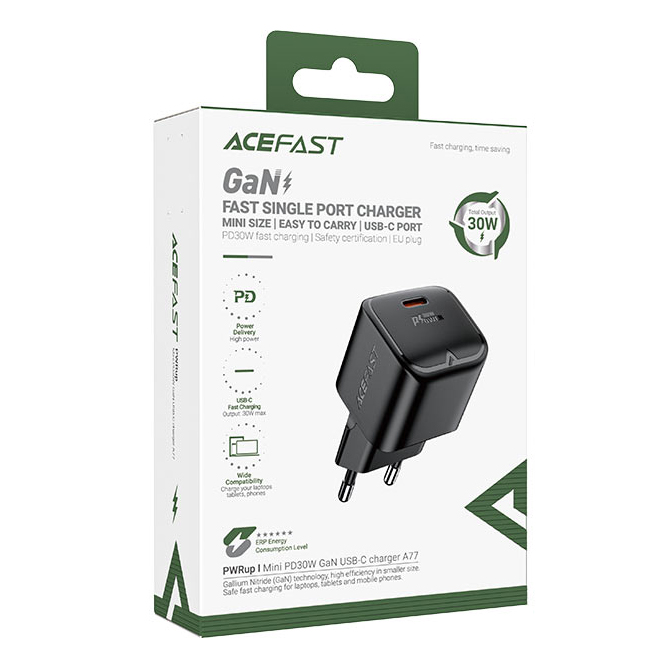 Сетевое зарядное устройство Acefast A77 Mini PD30W GaN USB-C Charger чёрный (AF-A77-BK)