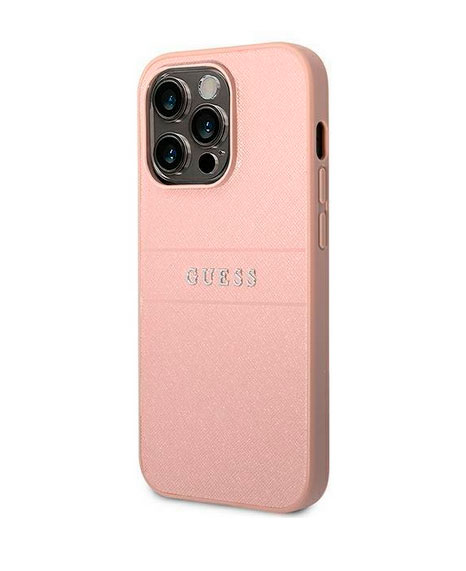 Чехол Guess для iPhone 14 Pro Max PU Saffiano с metal logo Hard Розового цвета