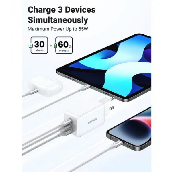 Сетевое зарядное устройство UGREEN CD244 (15334) Nexode USB-A+2*USB-C 65W GaN Tech Fast Charger EU белое