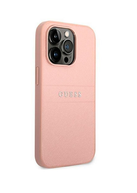 Чехол Guess для iPhone 14 Pro Max PU Saffiano с metal logo Hard Розового цвета