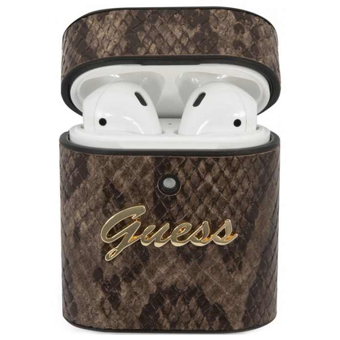 Чехол Guess Python PU Leather Case Metal Logo для AirPods коричневый