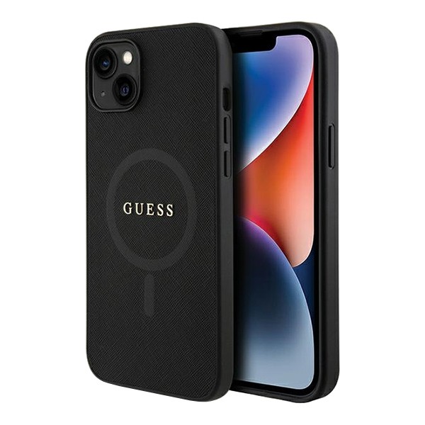 Чехол Guess PU Saffiano with metal logo Hard для iPhone 15 Black (MagSafe)