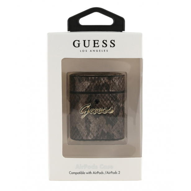 Чехол Guess Python PU Leather Case Metal Logo для AirPods коричневый