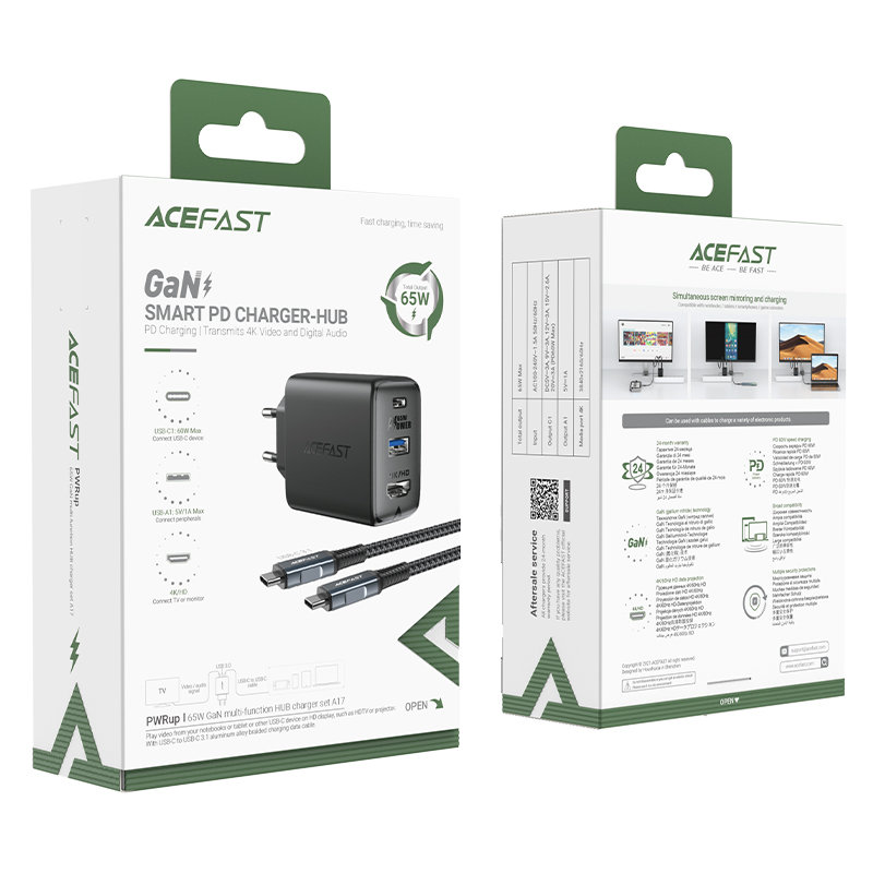Сетевое зарядное устройство Acefast A17 GaN 65W USB Type-C / USB / HDMI HUB Charger с кабелем USB-C чёрное (AF-A17-BK)
