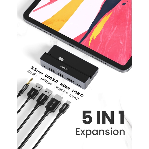 Хаб Ugreen CM317 (70688) USB-C (2шт USB-A, HDMI, Type-C PD, 3.55mm) для iPad Pro серый