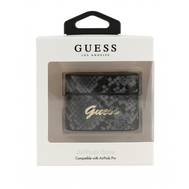Чехол Guess Python PU Leather Case Metal Logo для AirPods Pro чёрно-серый