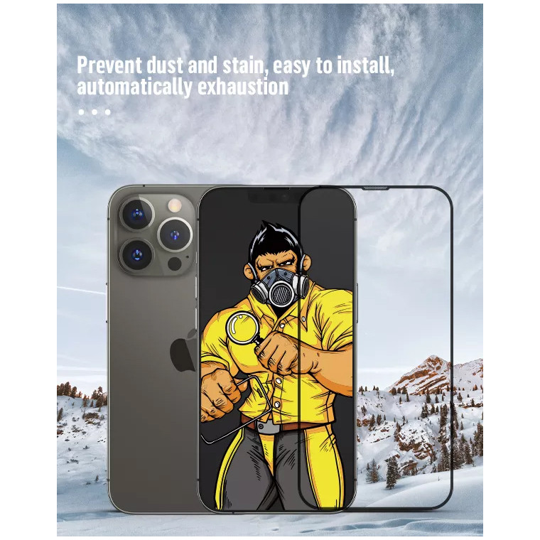 Защитное стекло Blueo 2.5D Large arc Dustproof (3D-эфф. с защ. сеткой) для iPhone 14 Pro с чёрной рамкой