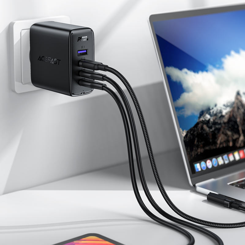 Сетевое зарядное устройство ACEFAST A37 PD100W GaN (3xUSB-C + USB-A) Fast Charge Wall Charger чёрное (EU)